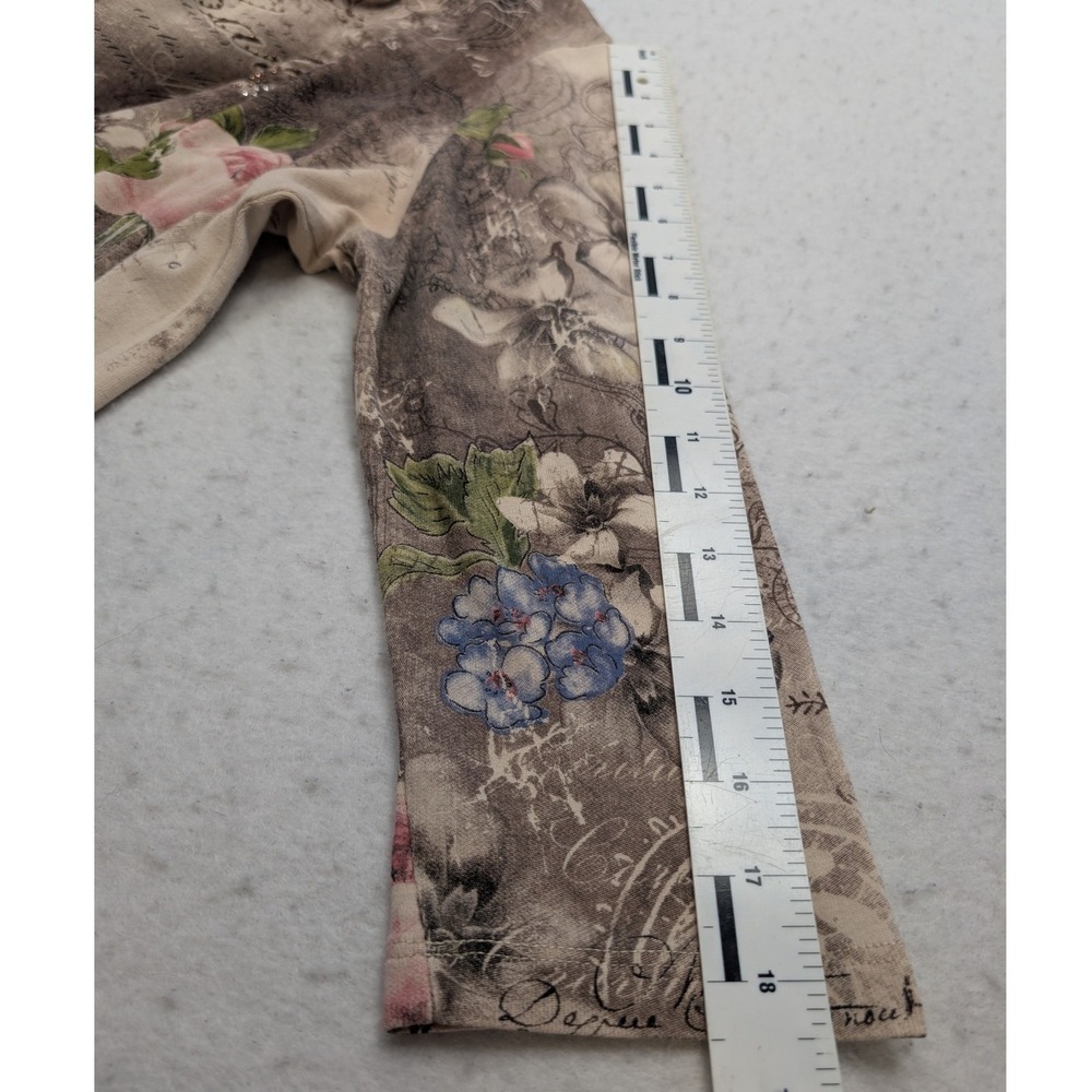 Vintage Christopher & Banks Floral Script Top Women L Beige 3/4 Sleeve Studded - Picture 7 of 9